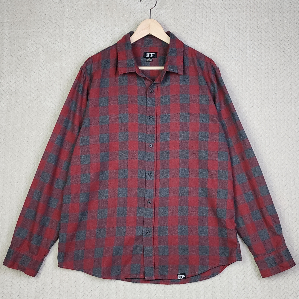 Dope Flannel Shirt Mens XL Buffalo Plaid‎ Red and Gray